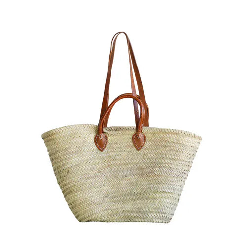 Marche woven shoulder tote bag with tan leather handles and heart-shaped trim