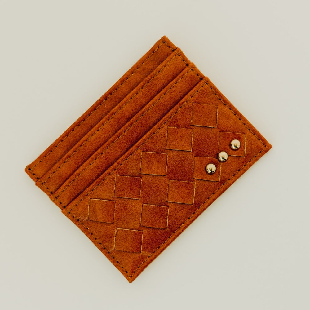 Small woven card holder wallet, orange with diamond pattern and 3 gold snap studs