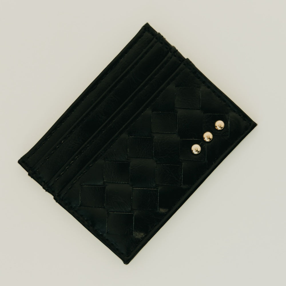 Small woven card holder wallet, black with square diamond pattern and 3 gold snap studs