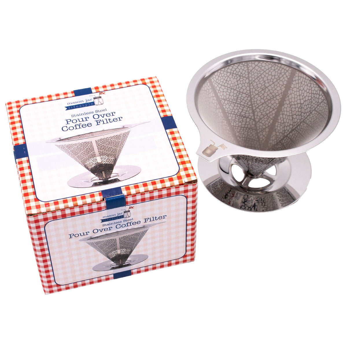 Stainless steel pour-over coffee filter cone with stand and included product boxes