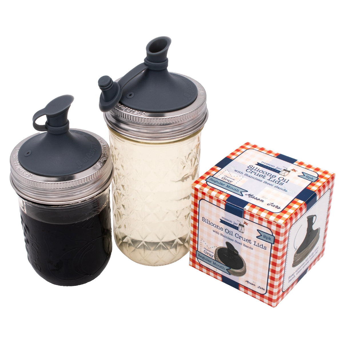 Charcoal gray silicone pour lid with spout for mason jars, two lids shown