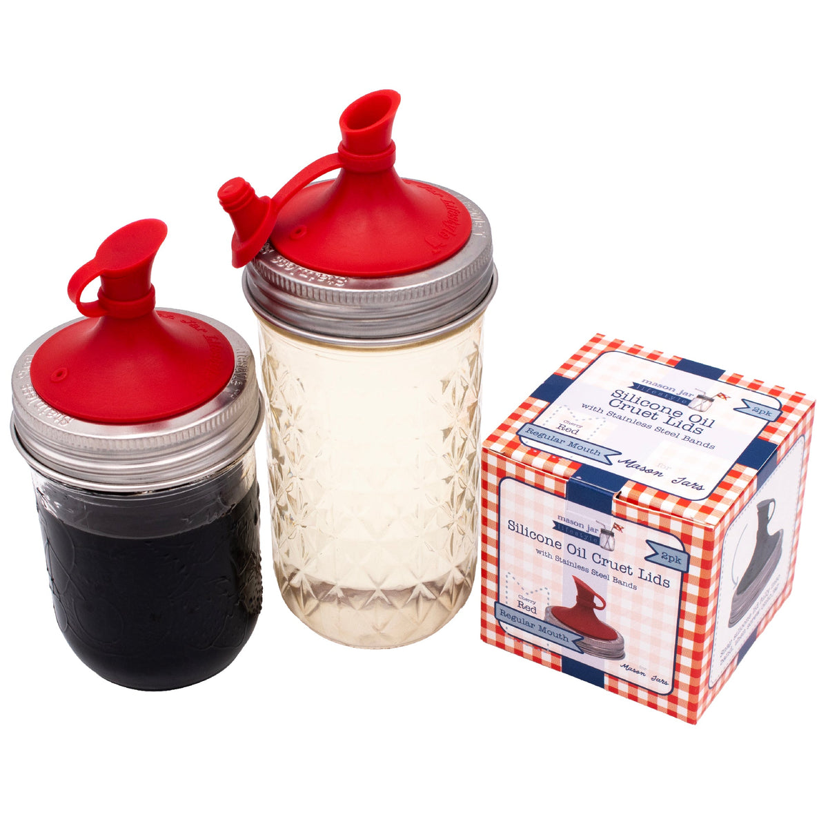 Cherry red silicone pour lids with spout for mason jars, with retail box