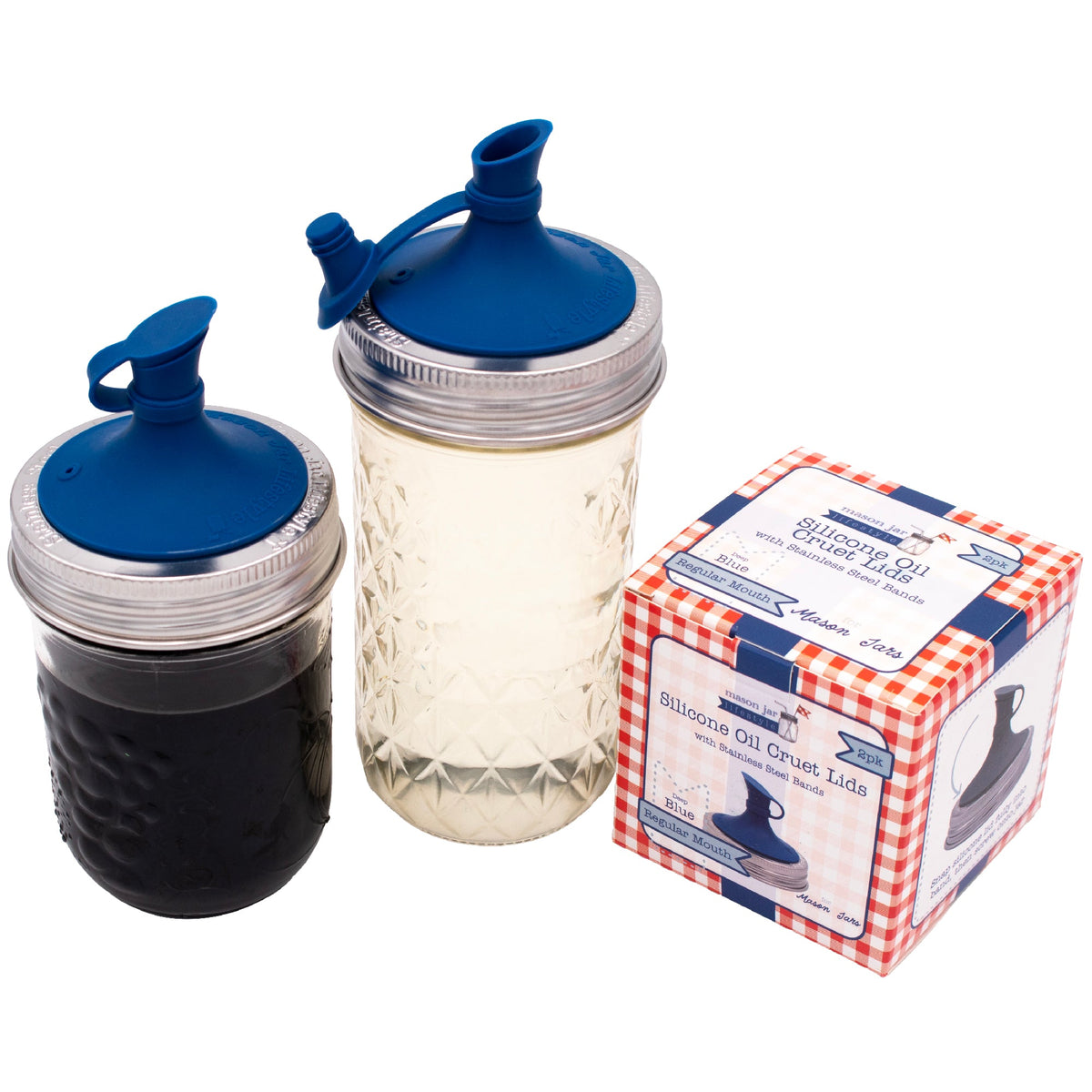 Deep blue silicone pour lids with spout for mason jars, with retail box