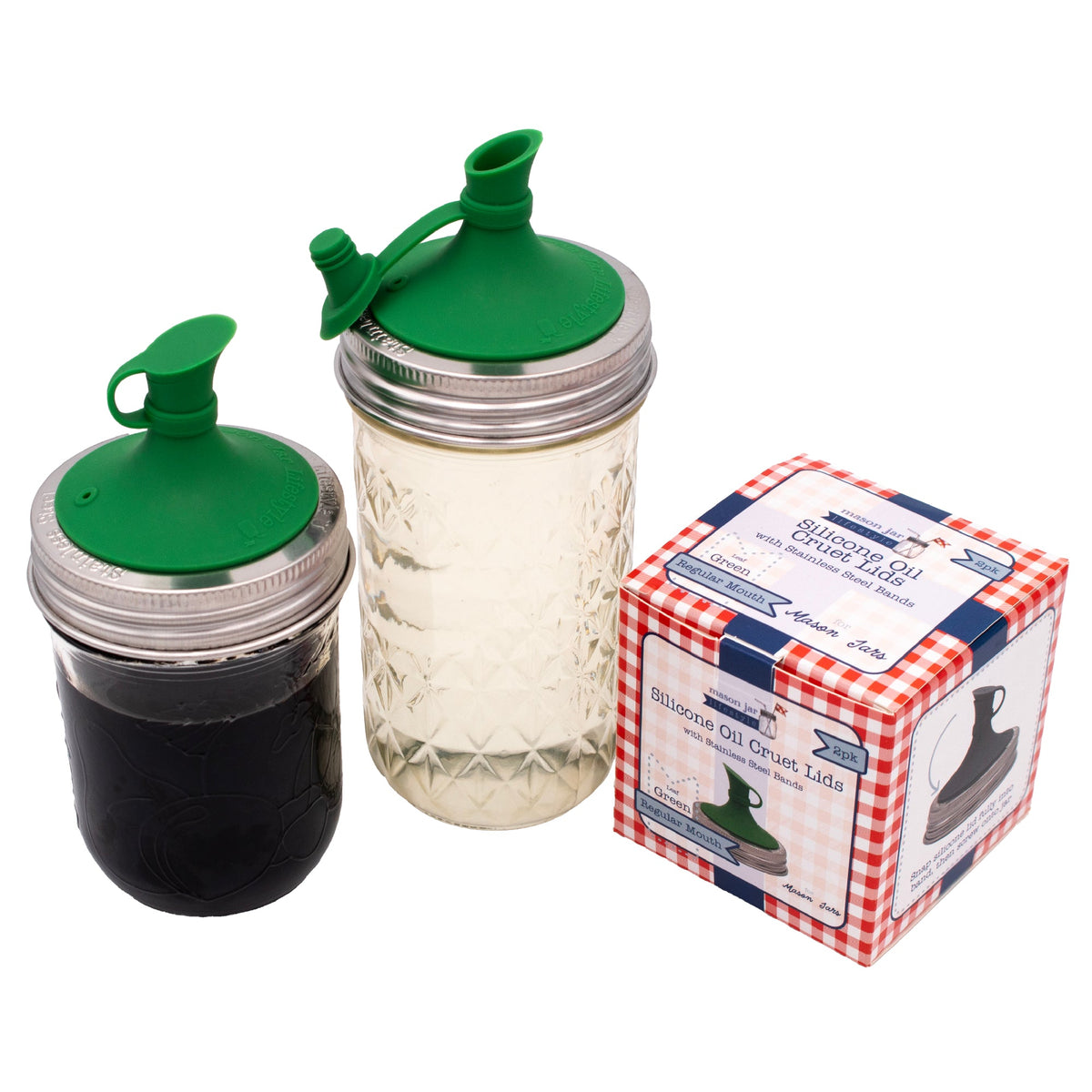 Leaf green silicone pour lids with spout for mason jars, with retail box