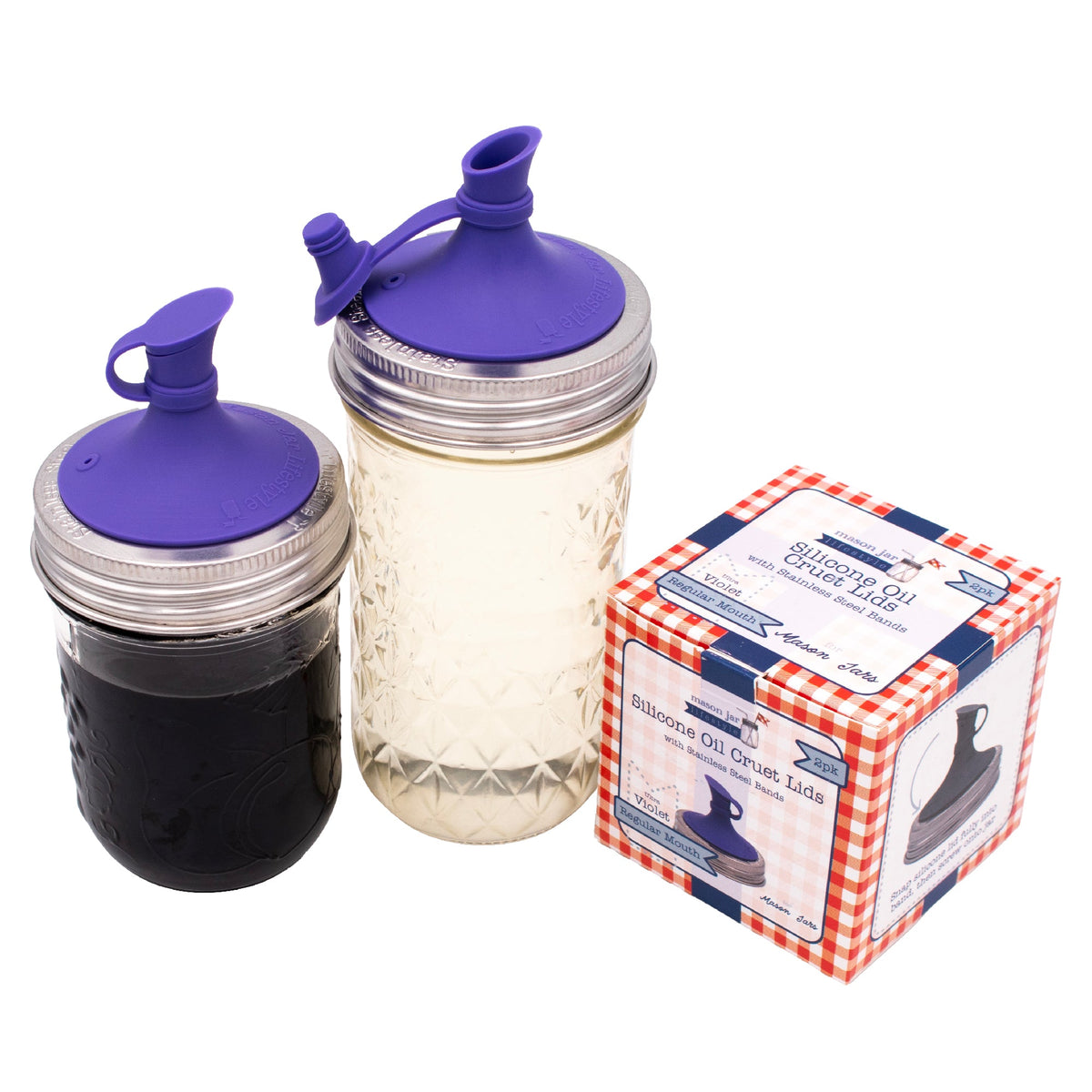 Silicone oil cruet pour lid set for mason jars with purple lids and metal rings