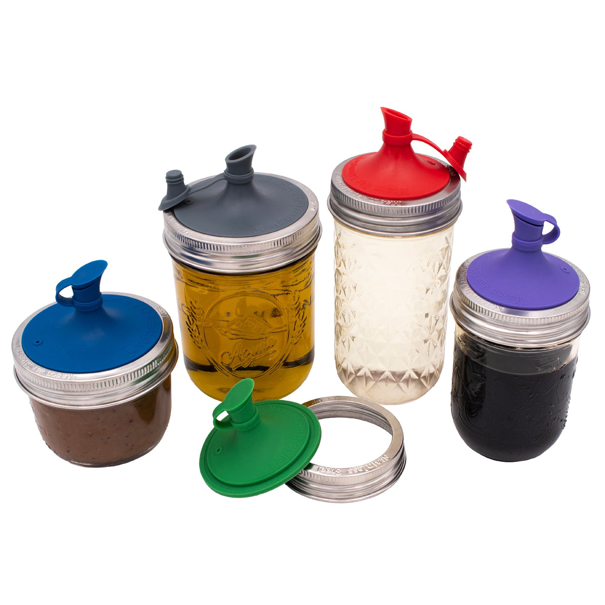 Assorted color silicone oil pour lids on mason jars with matching jar bands