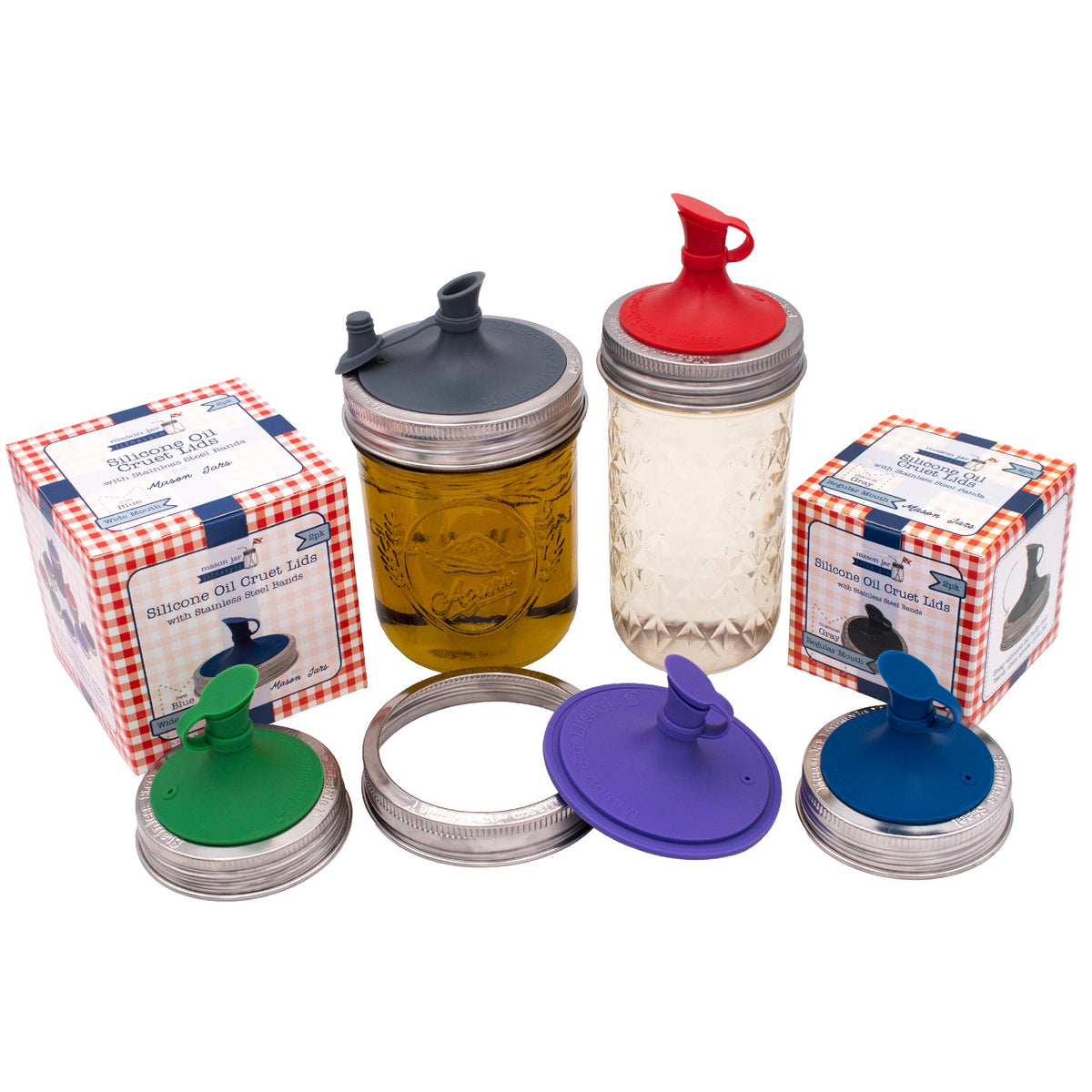 Assorted silicone oil pour lids with mason jars and retail boxes in red, blue, and purple