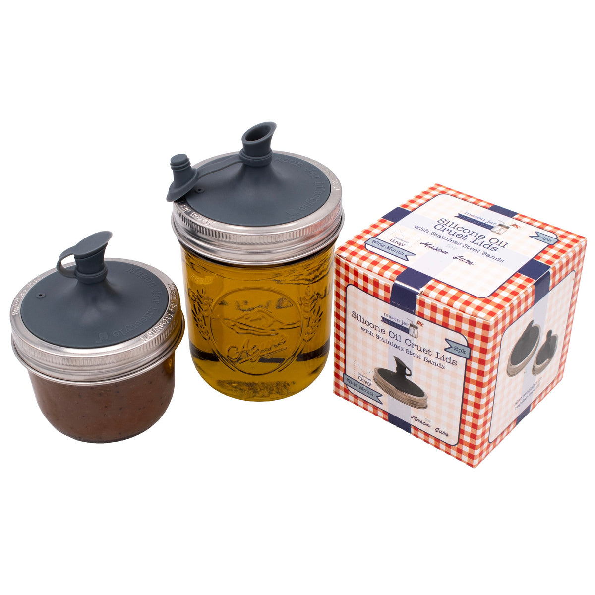 Silicone oil cruet pour lid set with dark gray lids on mason jars plus boxed pack