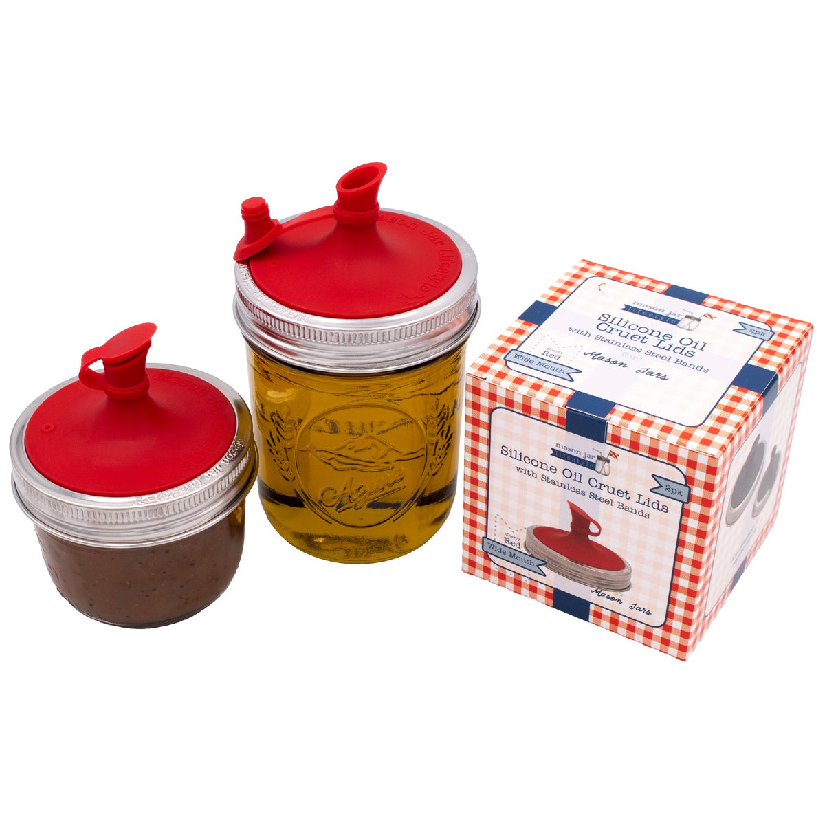 Silicone oil cruet pour lid set with red lids on mason jars and boxed packaging