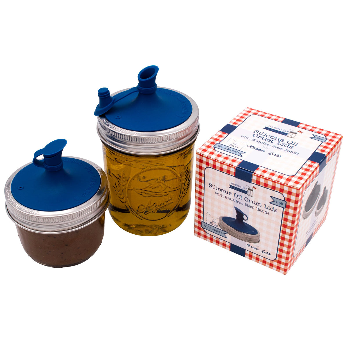 Blue silicone oil pour lid for mason jars beside mason jar and retail box