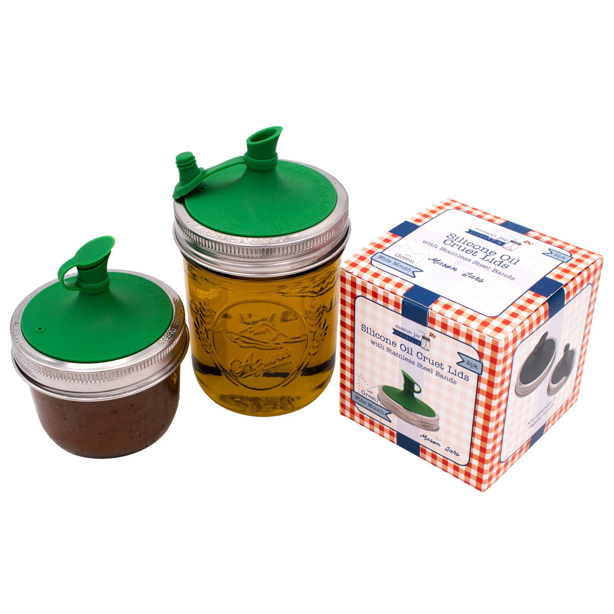 Green silicone oil pour lid with mason jar and retail box