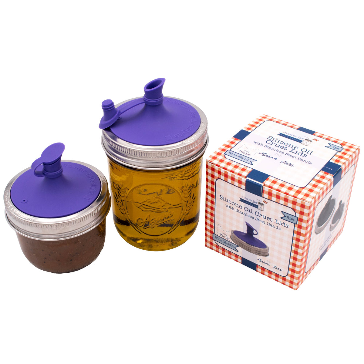Purple silicone mason jar oil pour lids with jar bands, shown with jars and retail box
