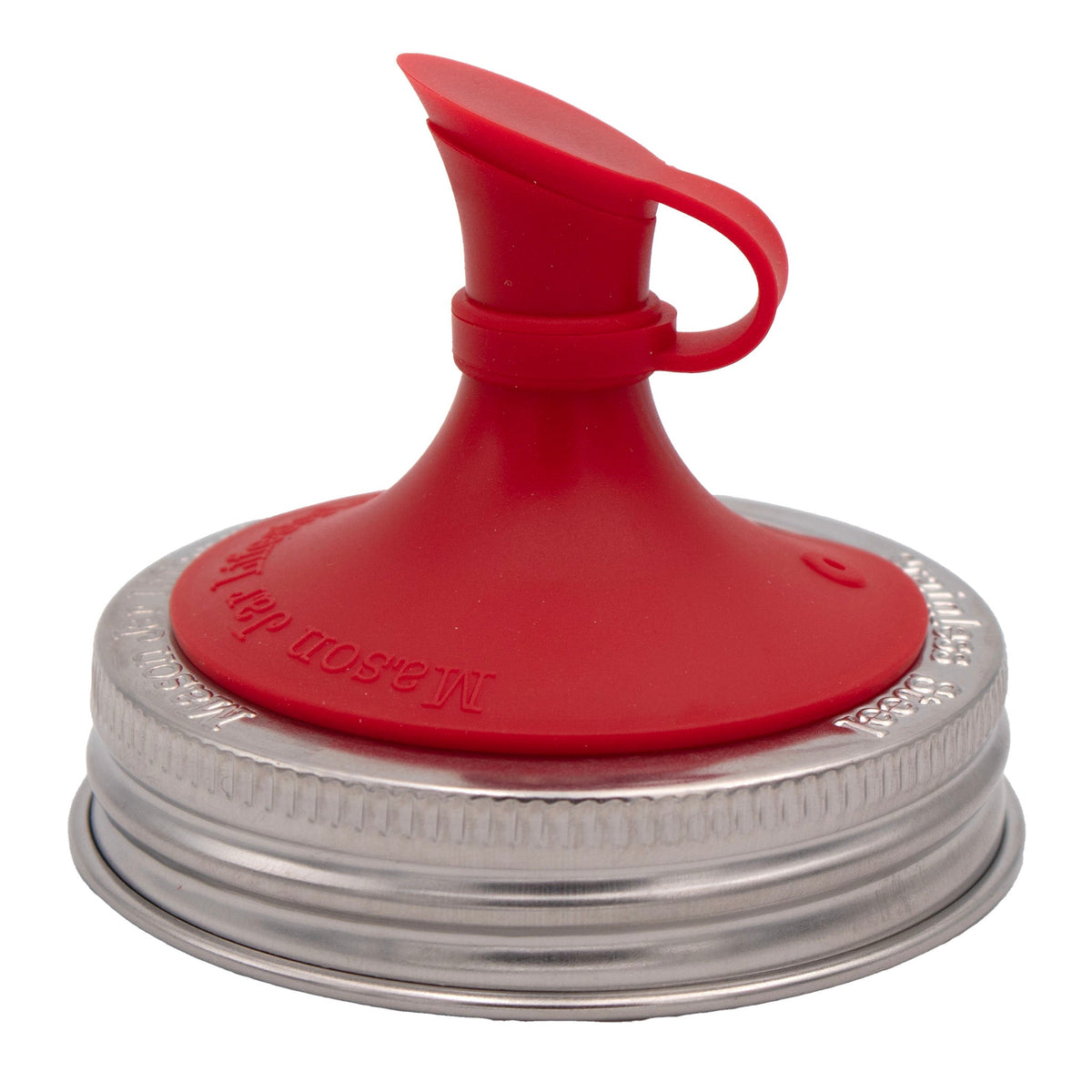 Cherry red silicone pour lid with spout for mason jars, close-up