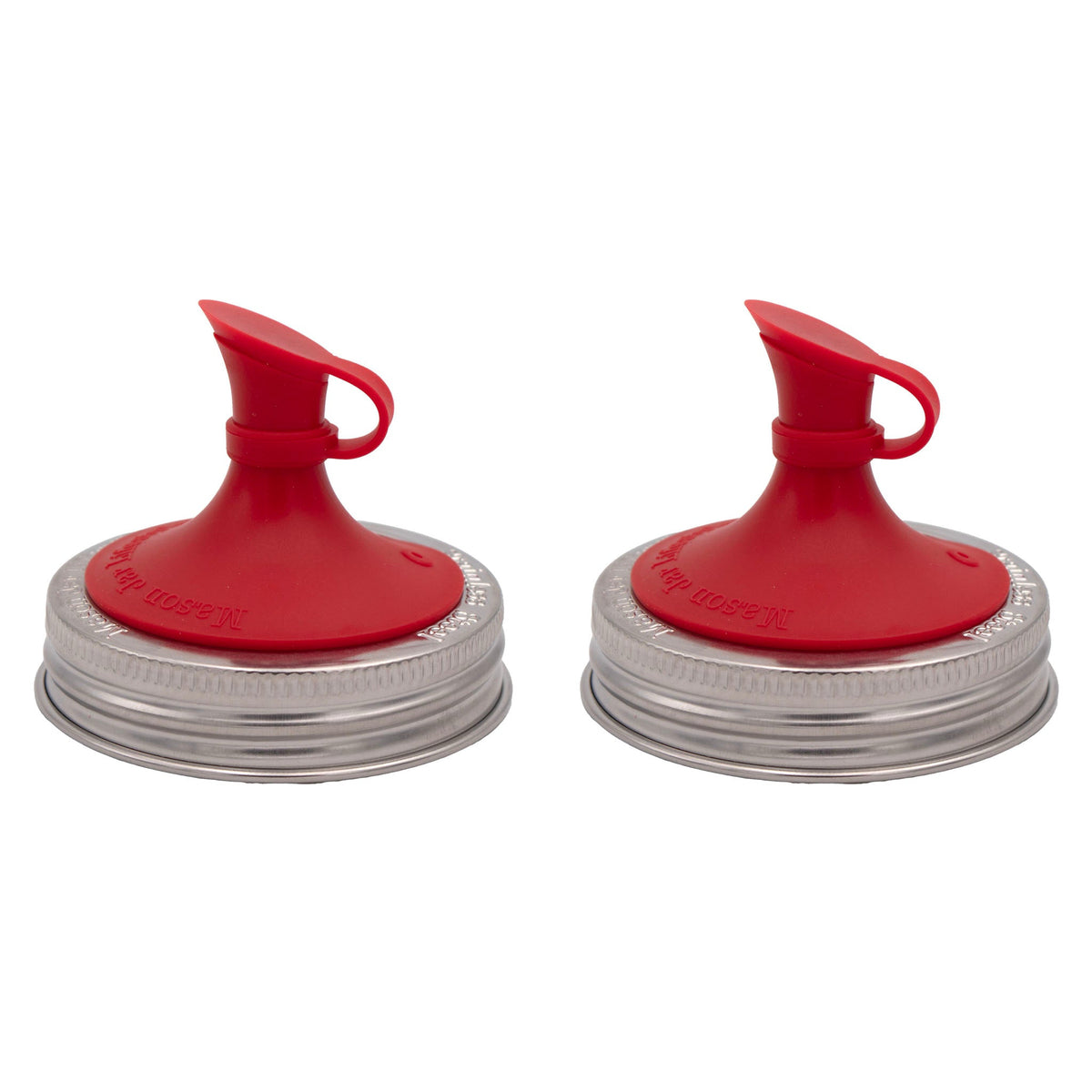 Cherry red silicone pour lid with spout for mason jars, two lids shown