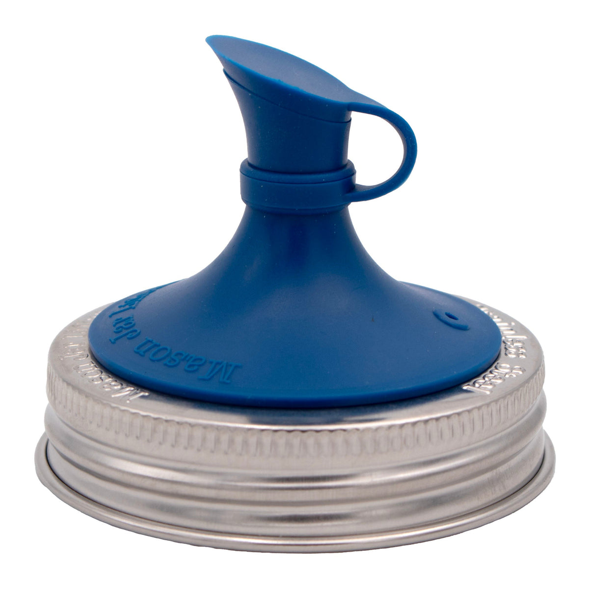 Deep blue silicone pour lid with spout for mason jars, close-up view
