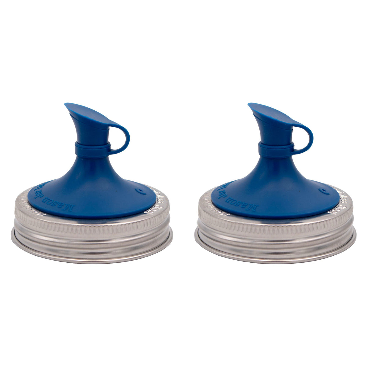Deep blue silicone pour lid with spout for mason jars, two lids shown