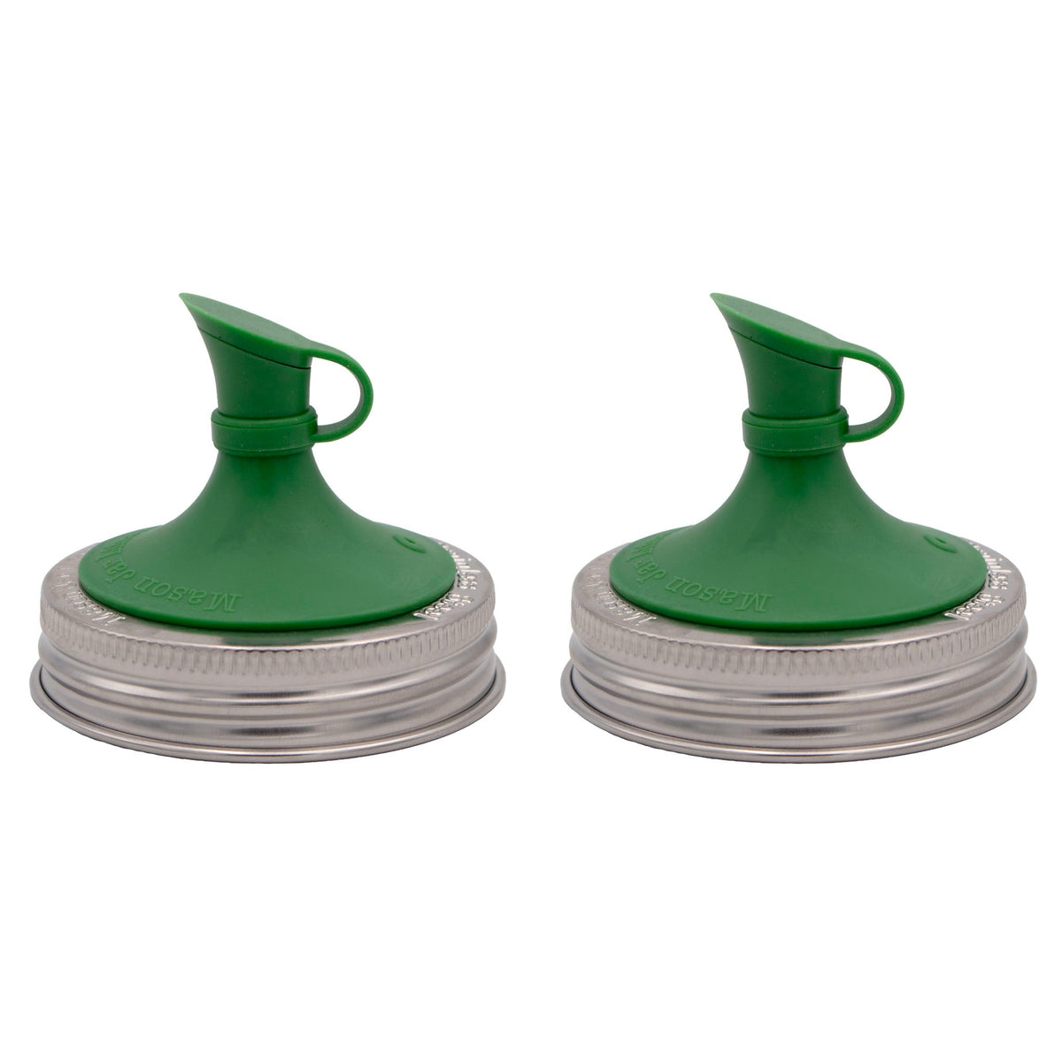 Leaf green silicone pour lid with spout for mason jars, two lids shown