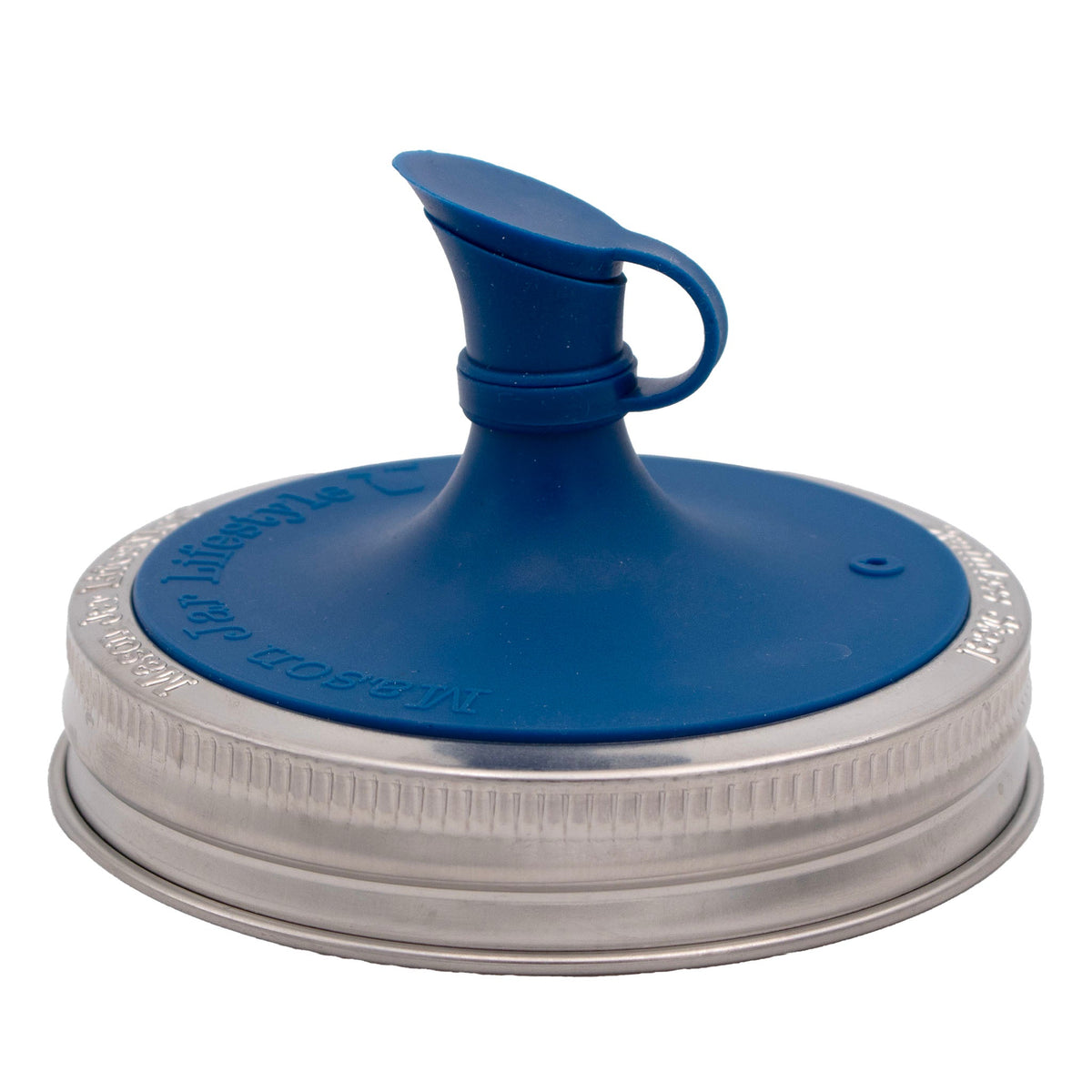 Dark blue silicone oil pour lid for mason jars, domed top and pour handle