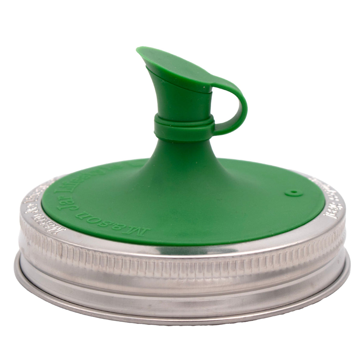 Green silicone oil pour lid for mason jars with domed top and pour spout