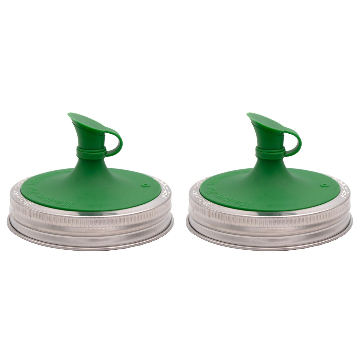 Green silicone oil pour lid for mason jars with loop handle on screw band