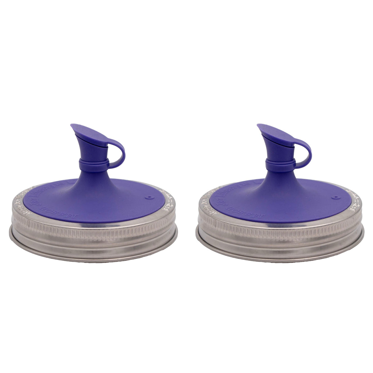 Purple silicone oil pour lids for mason jars, two-pack with loop handle
