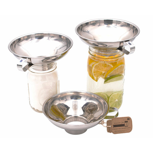 Stainless steel canning funnel set for mason jars, three funnels with side handles