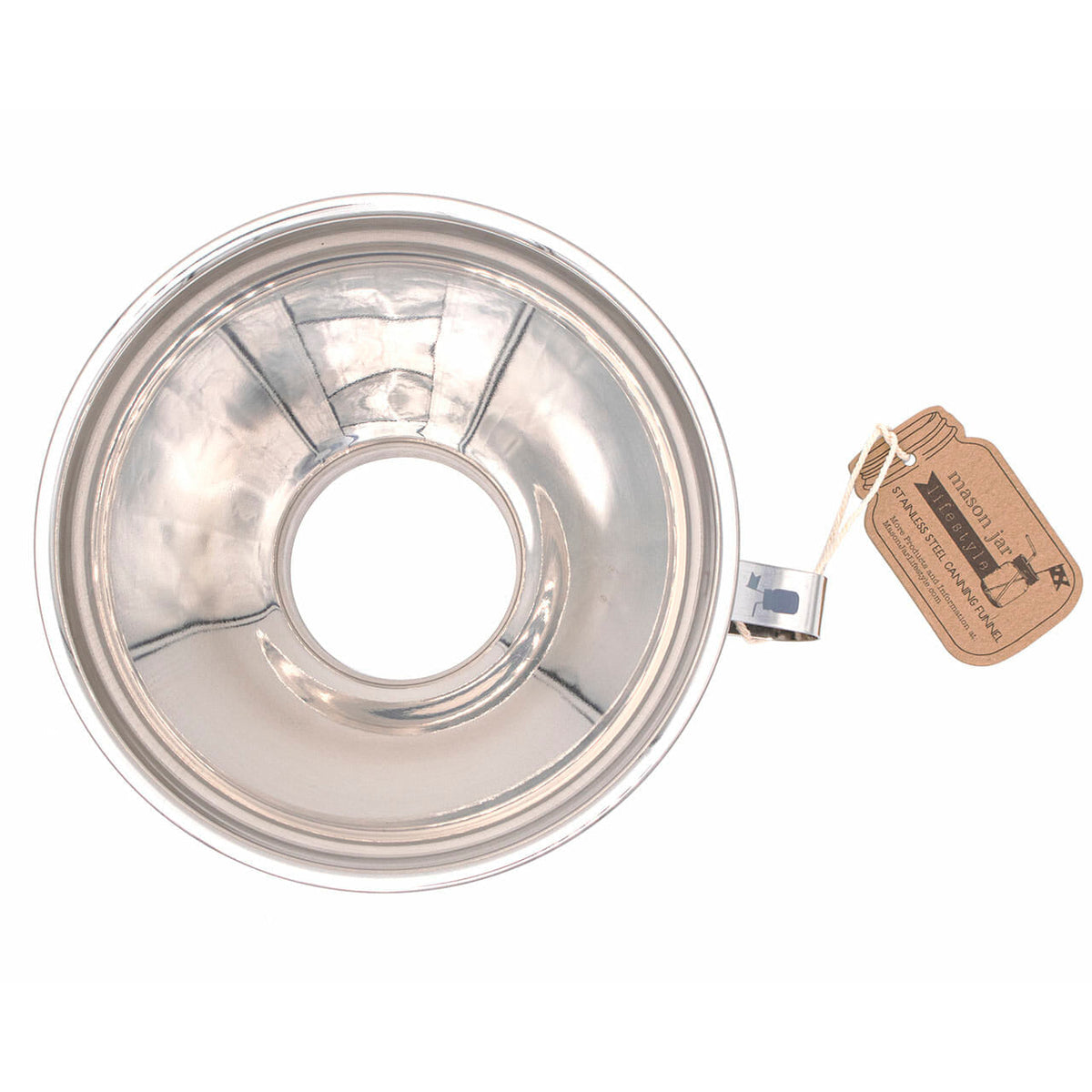 Top view of stainless steel canning funnel with central opening and hanging tag