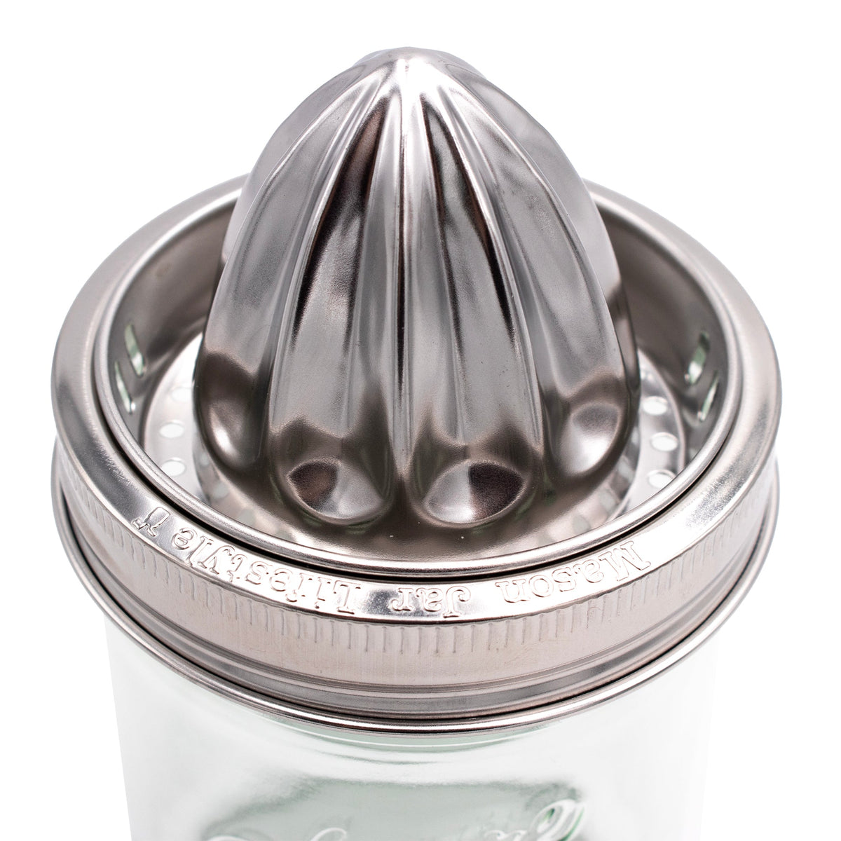 Stainless steel juicing lid with raised ridges and ring rim for mason jars