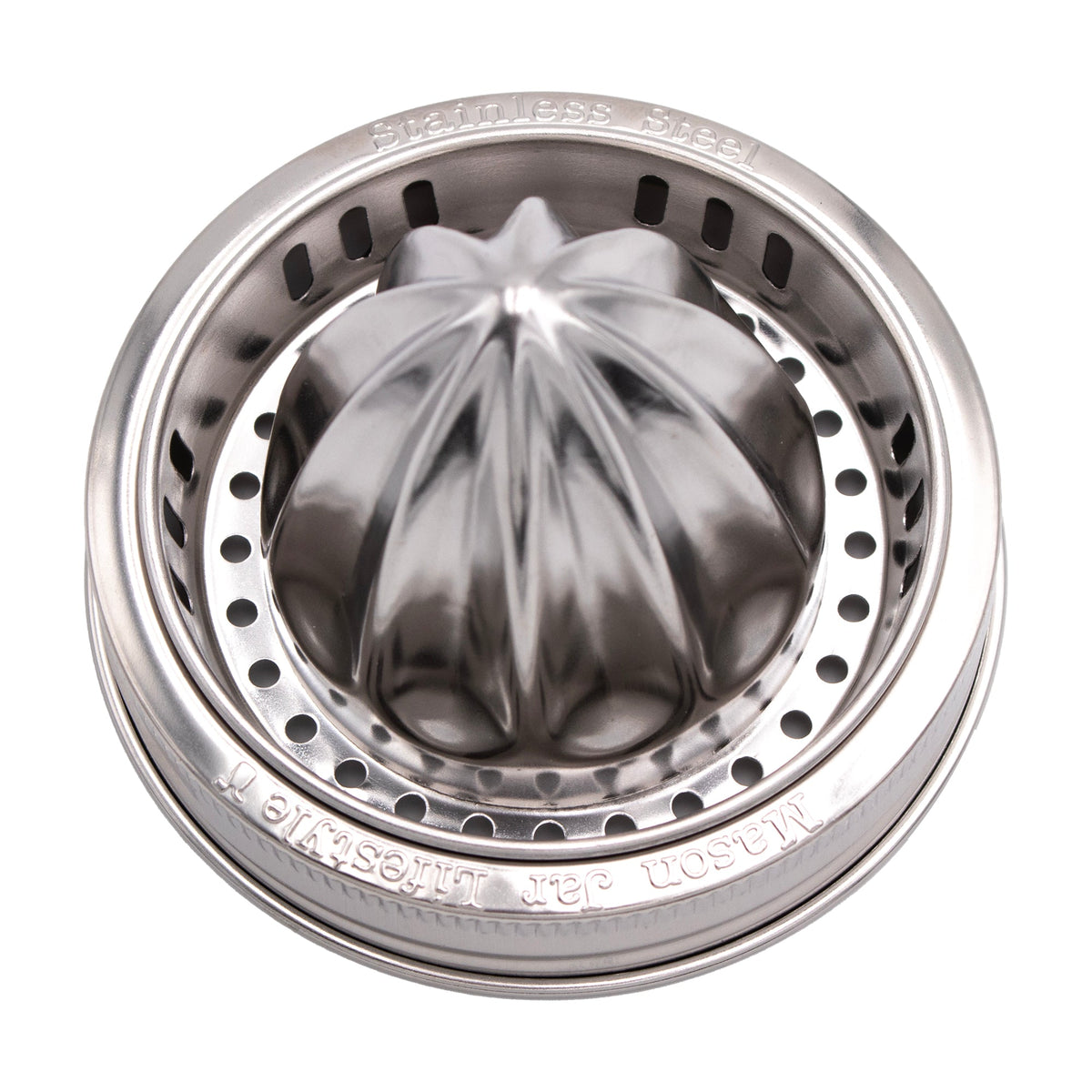 Stainless steel juicing lid insert with perforated rim and press cone