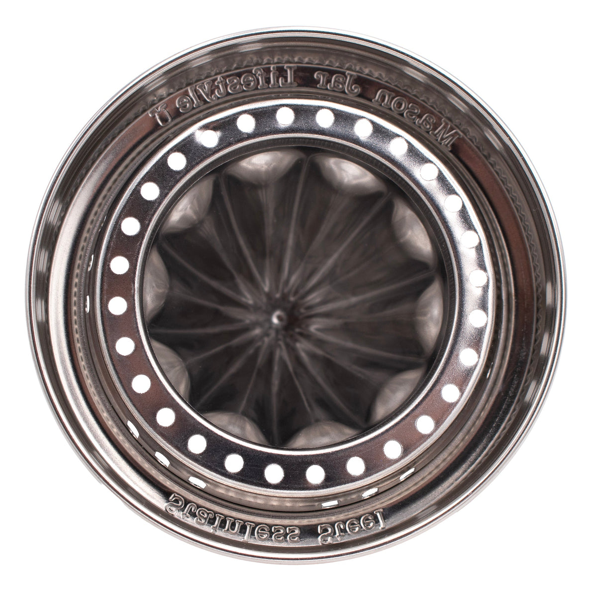 Stainless steel citrus press lid with perforations and central ridged cone