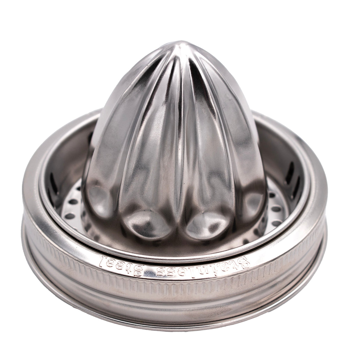 Stainless steel juicing lid with ridged press cone and perforated draining plate