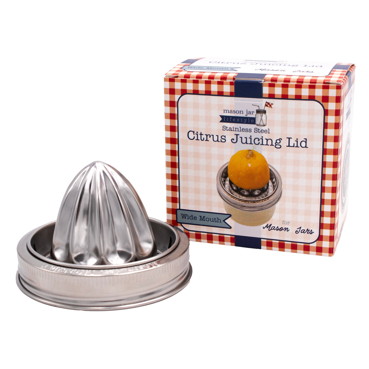Stainless steel citrus juicing lid with ridged press cone (with retail box)