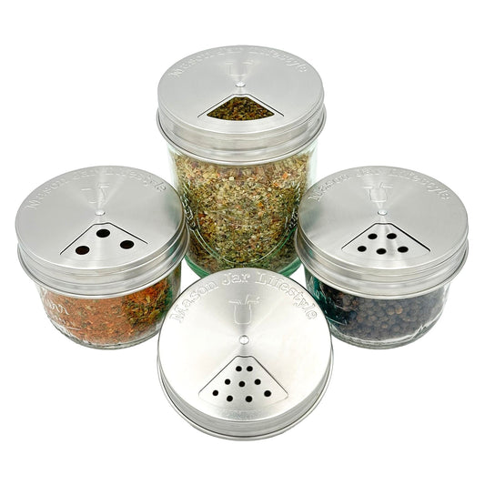 Stainless steel mason jar spice shaker lids, four perforated tops with spice flow holes