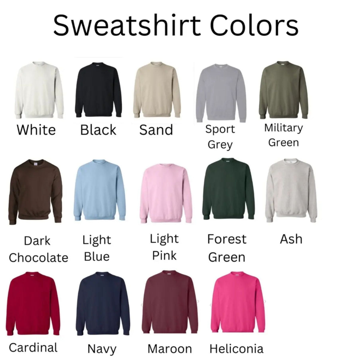 Sweatshirt color chart showing multiple crewneck colors, including white, black, sand, gray