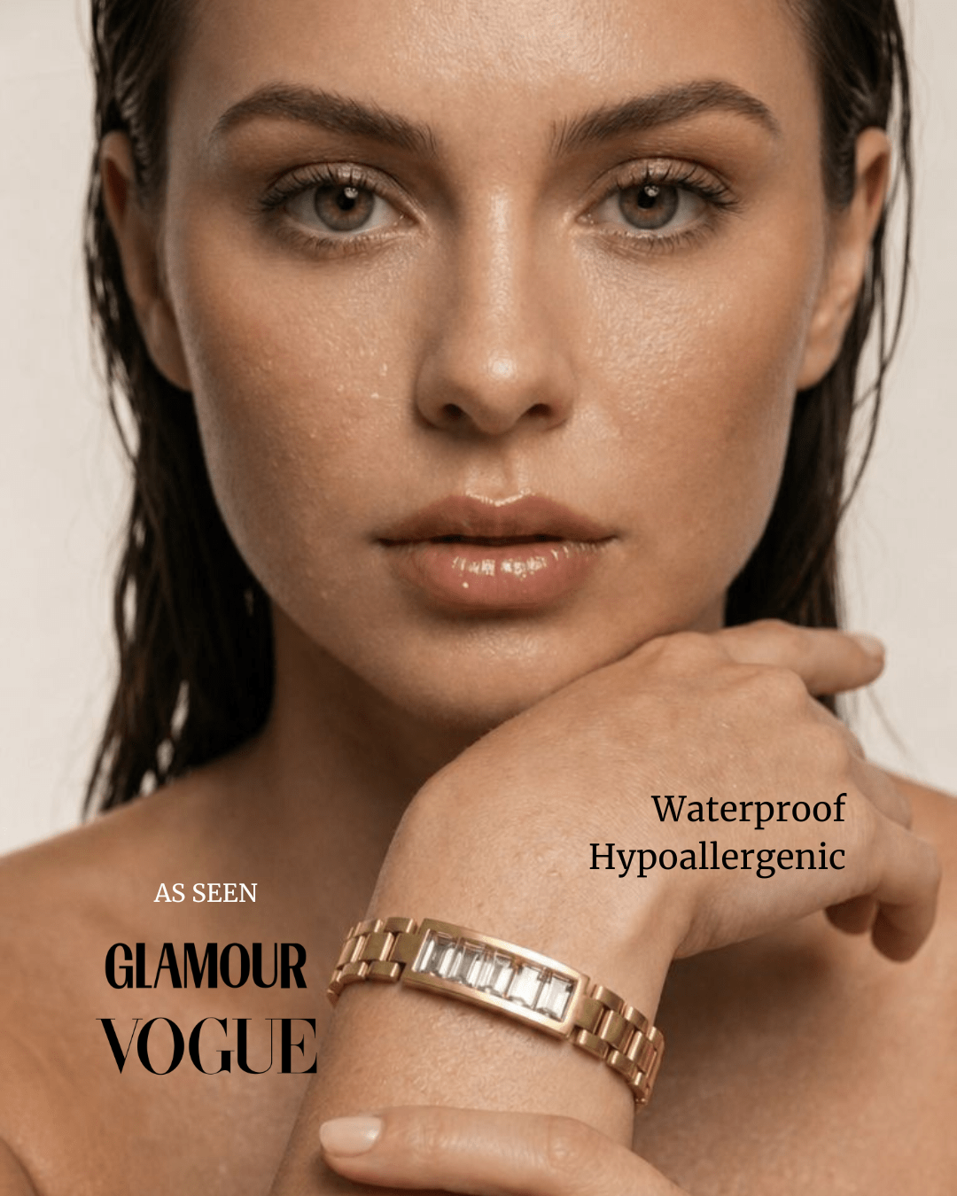 Gold crystal bar link bracelet on wrist with rectangular row of clear stones