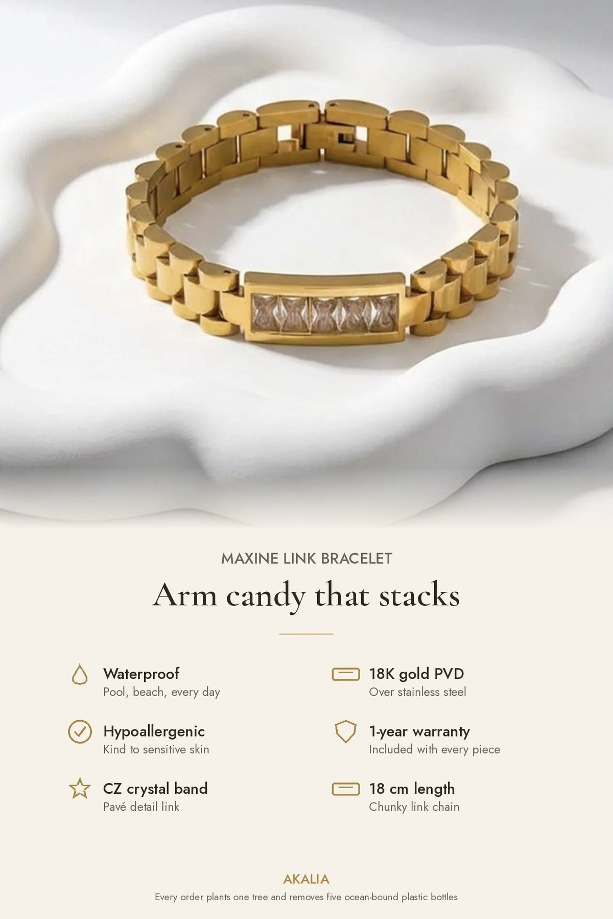 Gold link chain crystal bracelet with rectangular crystal bar centerpiece