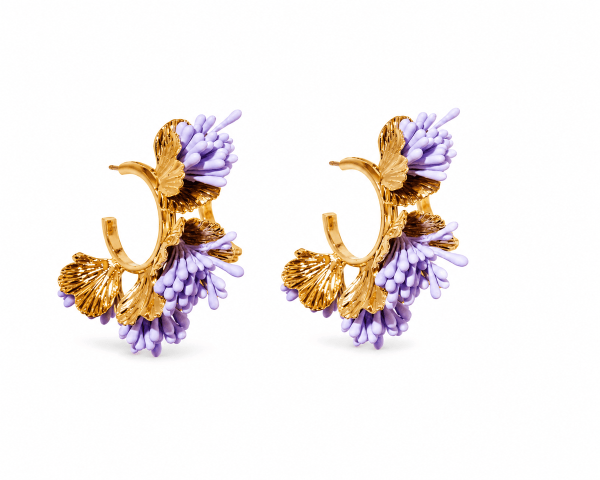 Gold-tone flower hoop earrings with purple beaded blossoms, open back loop