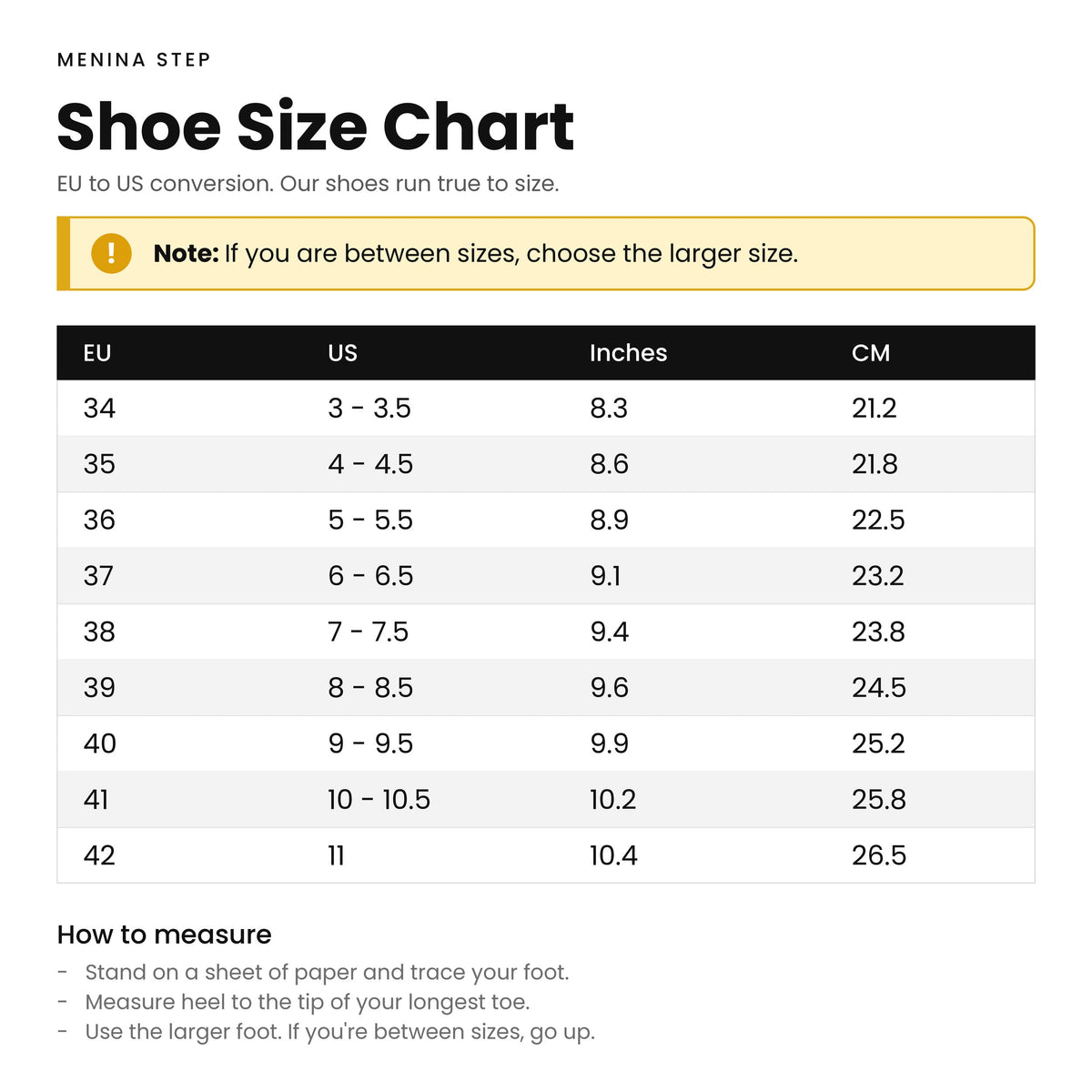 Shoe size chart with EU, US, inch, and centimeter conversions