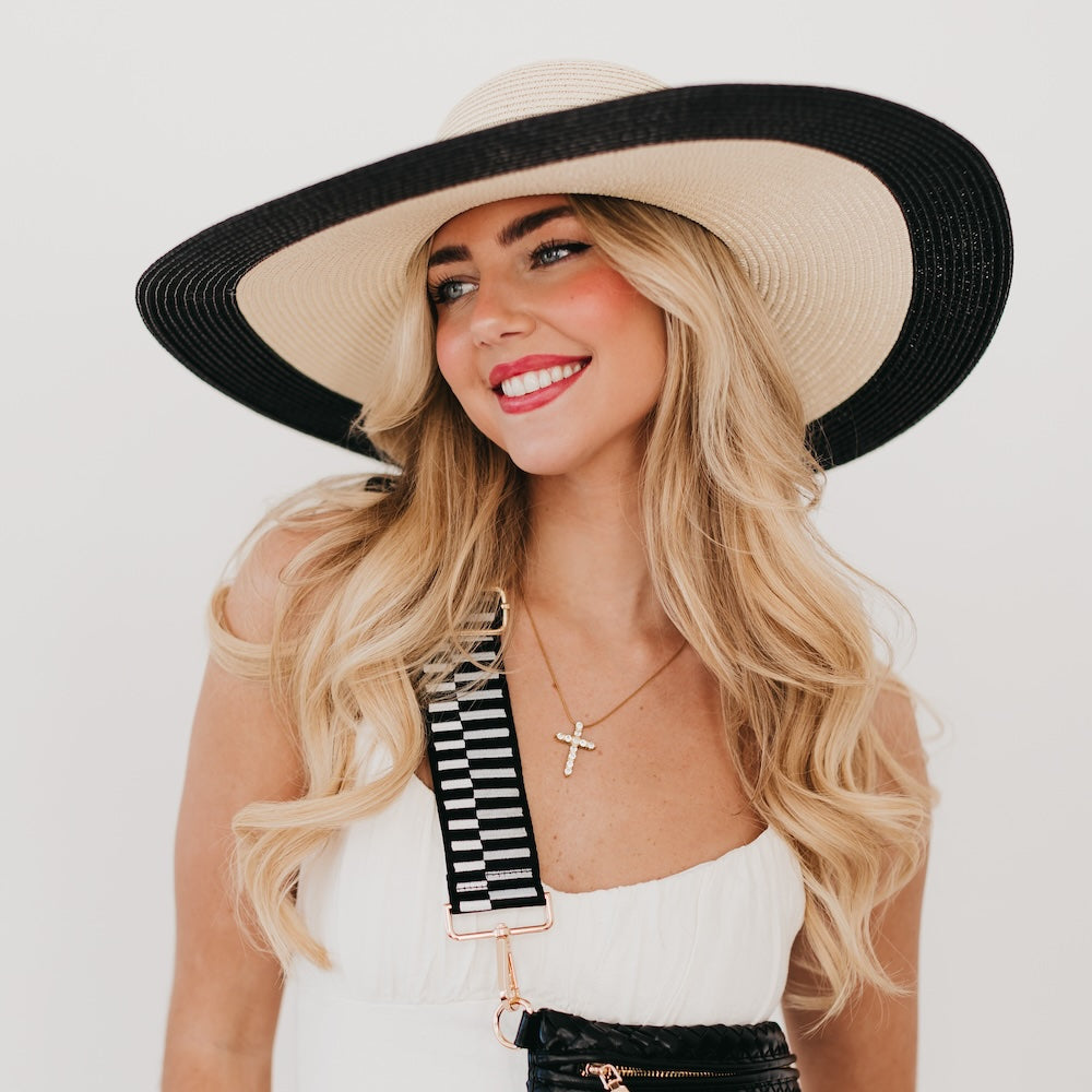 Two-tone wide floppy sun hat with gold chain band, tan crown and black brim
