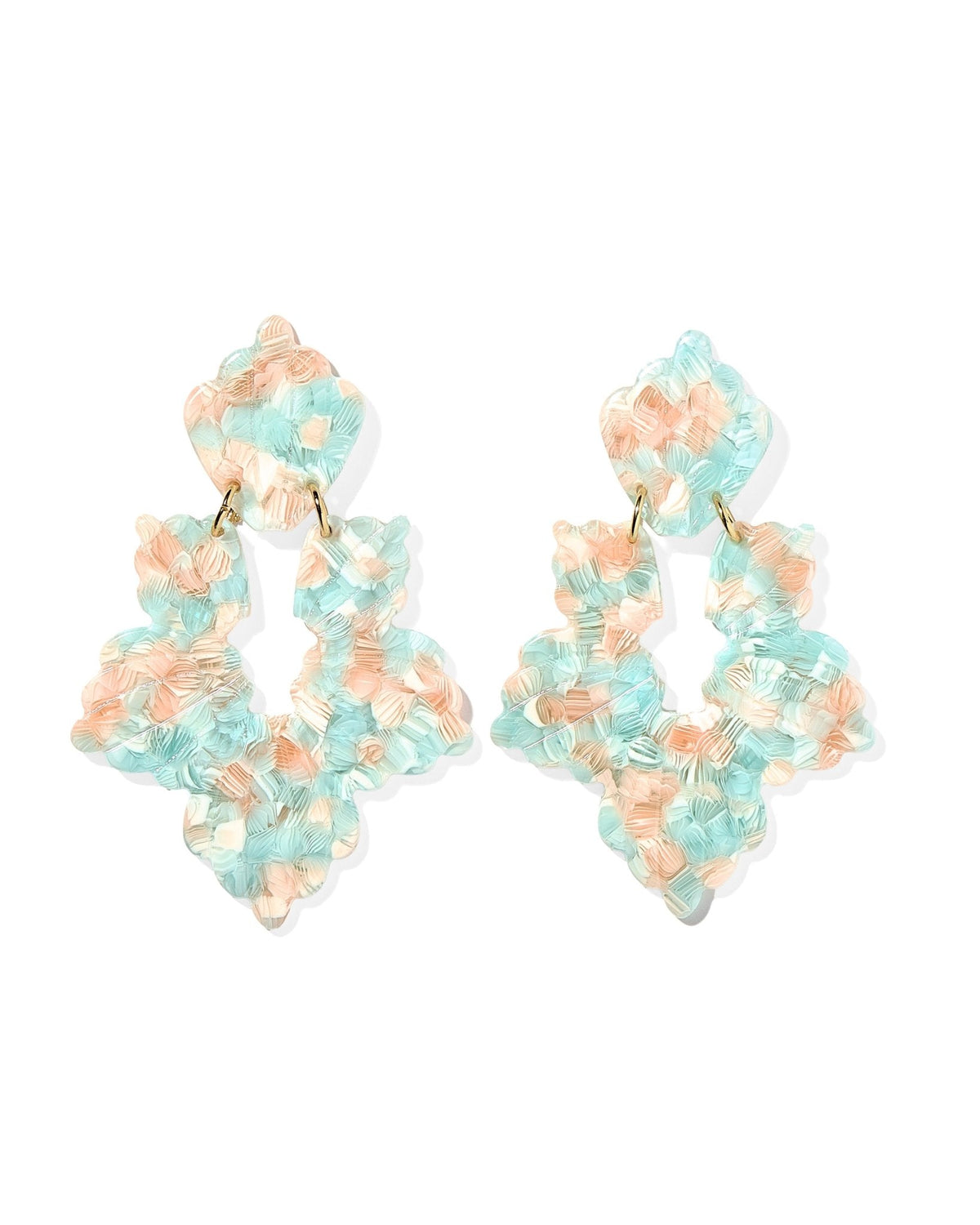 Mint shell statement earrings with layered floral drop, peach and light blue accents