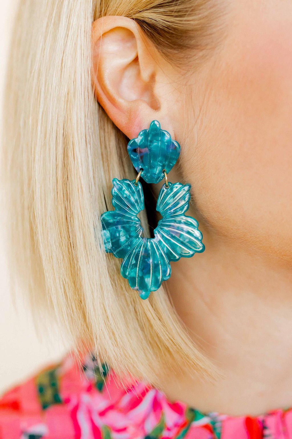 Turquoise statement earring with heart top and layered fan flower tiers