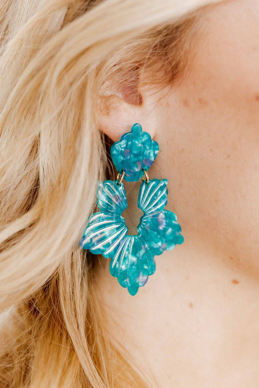 Turquoise statement earring with heart stud and layered fan flower design