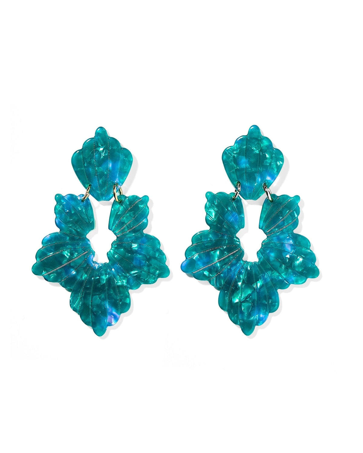 Turquoise statement earrings with heart top and layered fan flower drops
