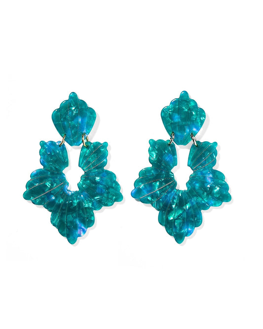 Turquoise statement earrings with heart top and layered fan flower drops