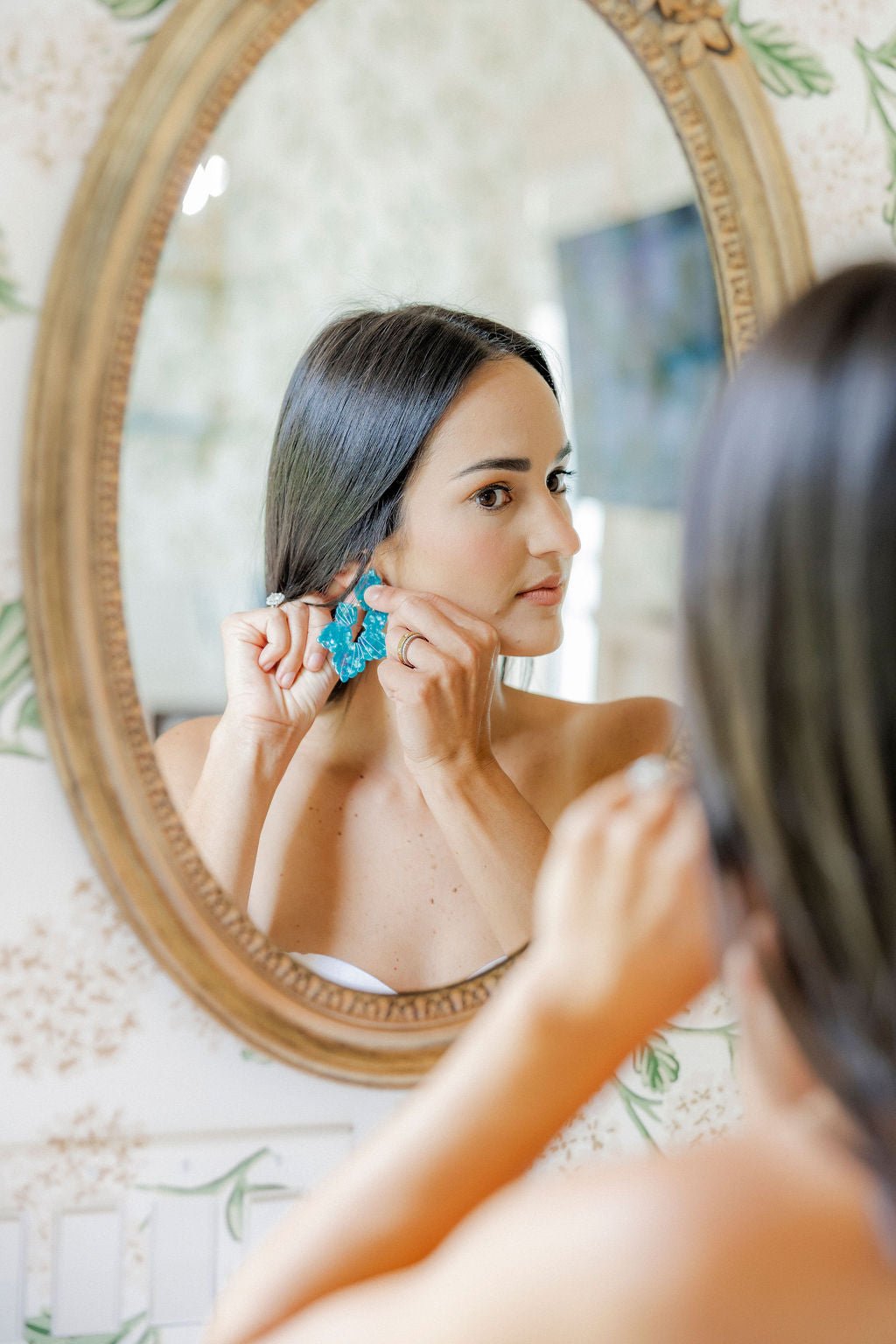 Turquoise heart-and-fan statement earring with layered flower drop
