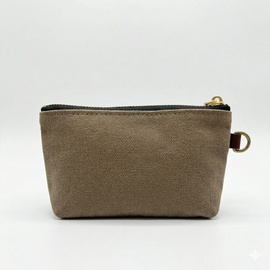 Brown canvas mini pouch with zipper top and gold side ring