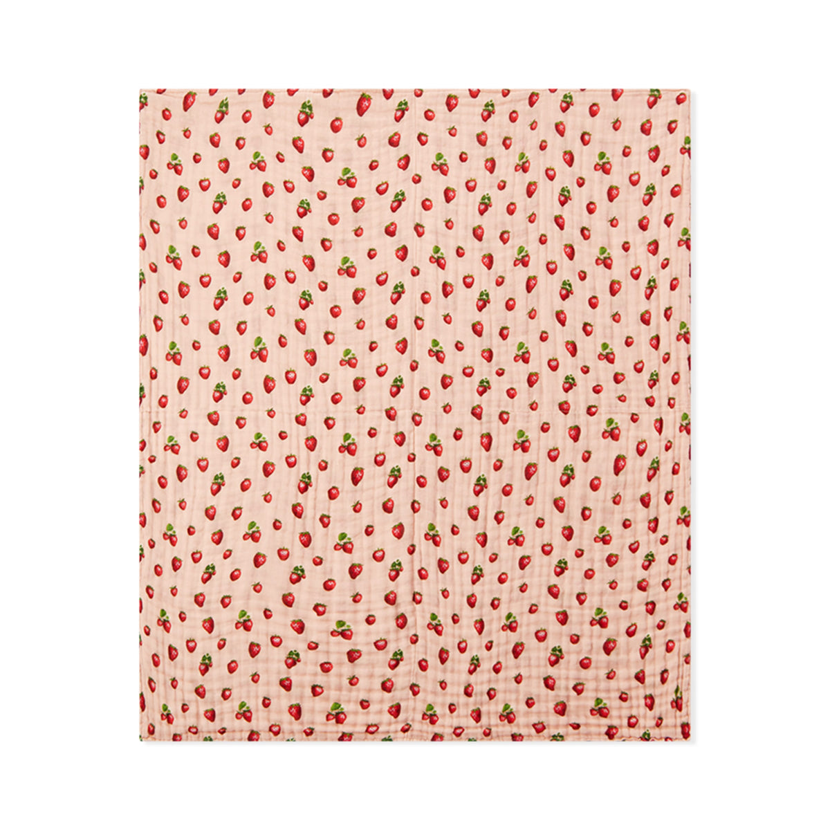 Peach strawberry print beach towel with red berries and green leaves, square folded