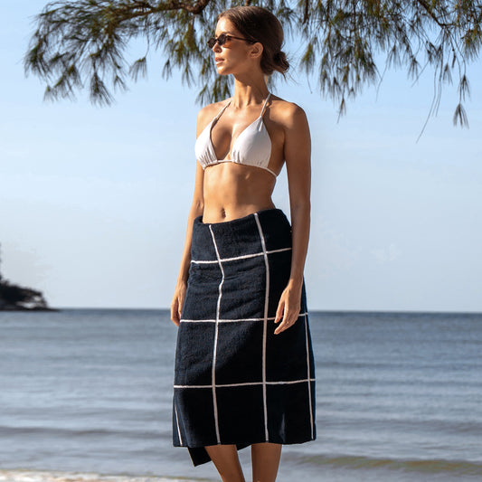 Miramar Australian cotton towels, navy with white grid border towel