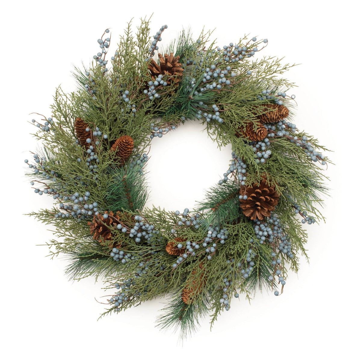 Evergreen pine wreath with blue berry clusters and pinecones, 24-inch round