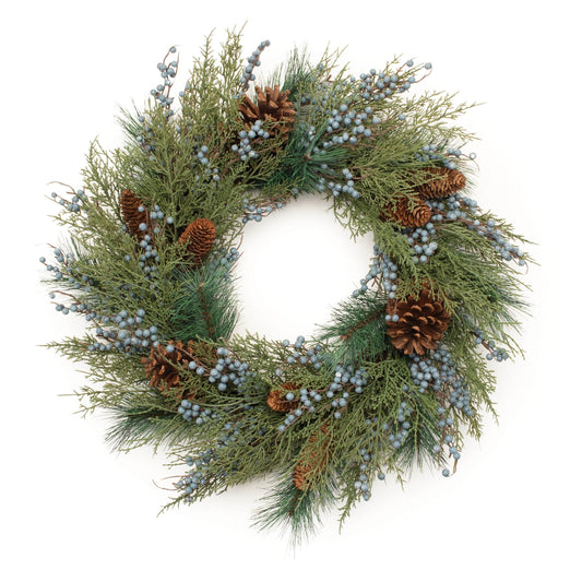 Evergreen pine wreath with blue berry clusters and pinecones, 24-inch round